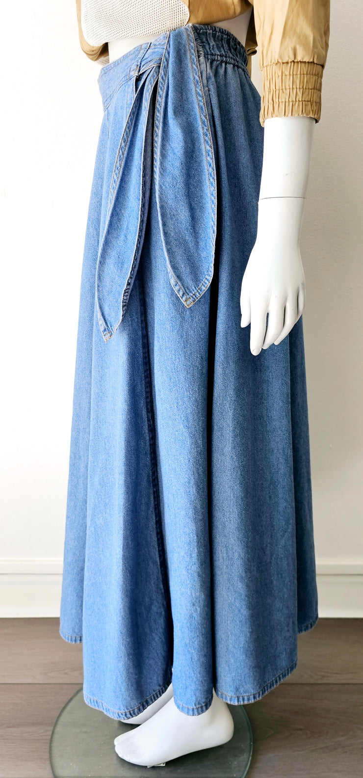 Vintage 80s Denim Faux Wrap Side Tie Midi Slit Skirt