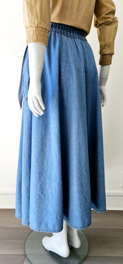 Vintage 80s Denim Faux Wrap Side Tie Midi Slit Skirt