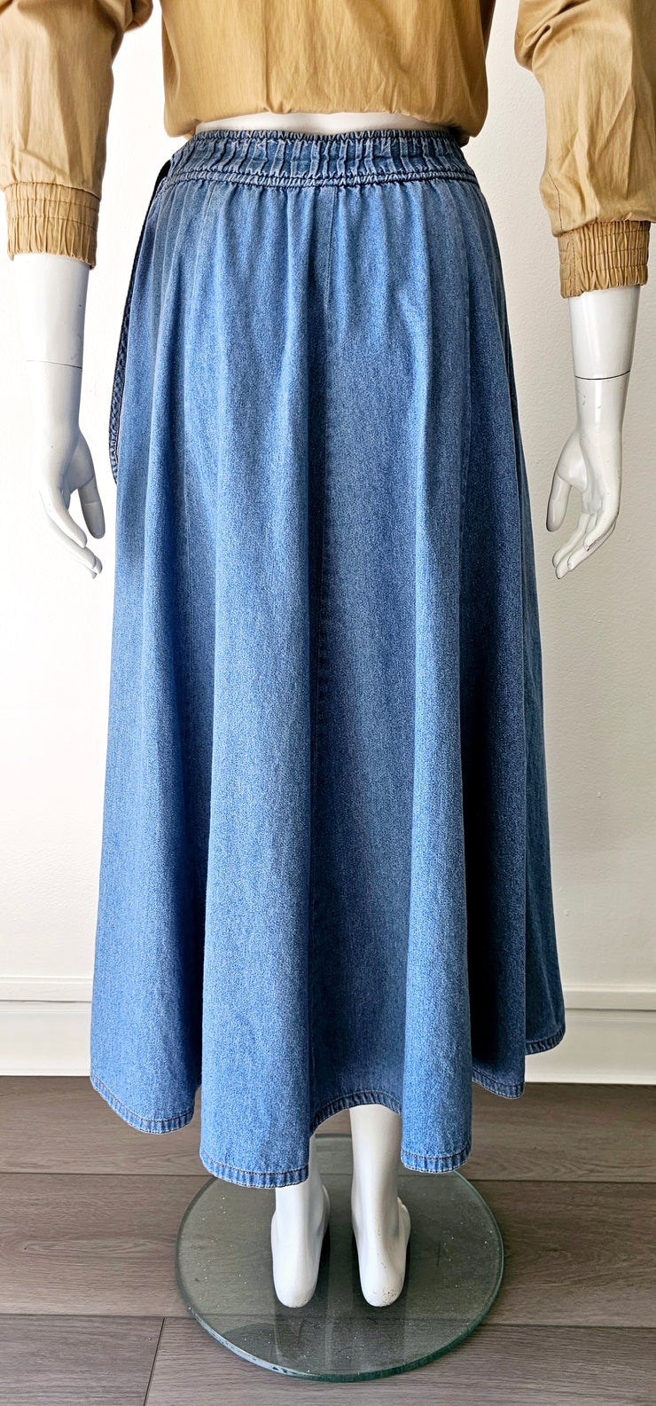 Vintage 80s Denim Faux Wrap Side Tie Midi Slit Skirt