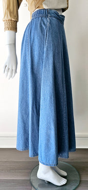 Vintage 80s Denim Faux Wrap Side Tie Midi Slit Skirt