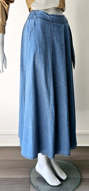 Vintage 80s Denim Faux Wrap Side Tie Midi Slit Skirt