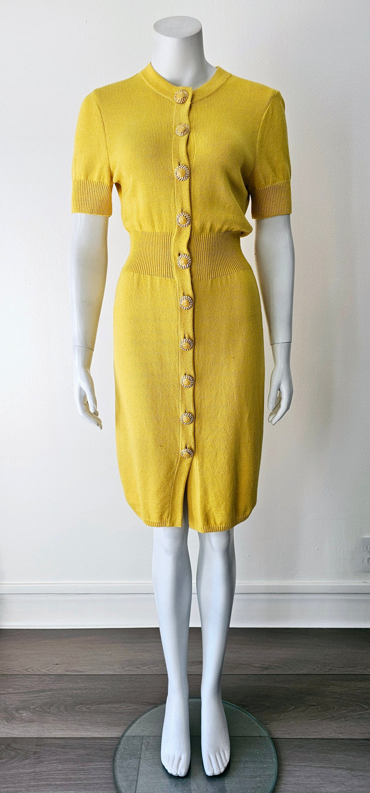 Vintage 80s St John-Esq Santana Knit Body Con Deep Gold Button Up Midi STORE242 Vintage 80s St John-Esq Santana Knit Body Con Deep Gold Button Up Midi STORE242
