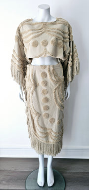 Vintage 70s Upcycled Chenille Kimono Fringe Faux Wrap Skirt Set