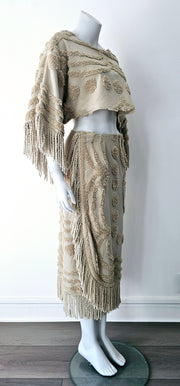 Vintage 70s Upcycled Chenille Kimono Fringe Faux Wrap Skirt Set