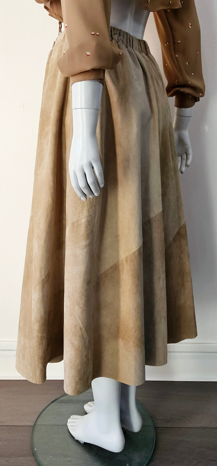 Vintage 80s Nude Suede Faux Wrap Midi Slit Skirt