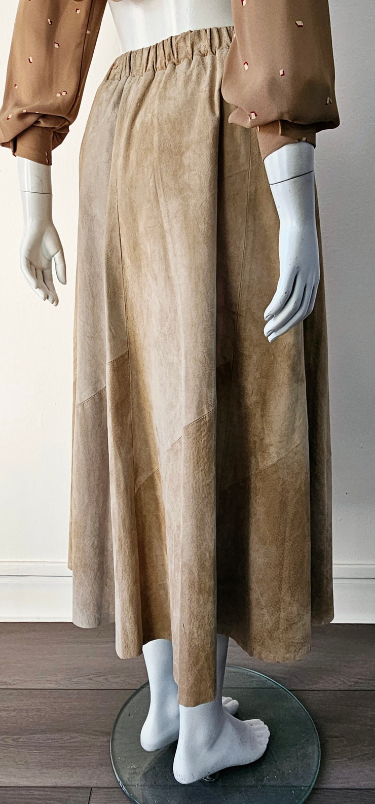 Vintage 80s Nude Suede Faux Wrap Midi Slit Skirt