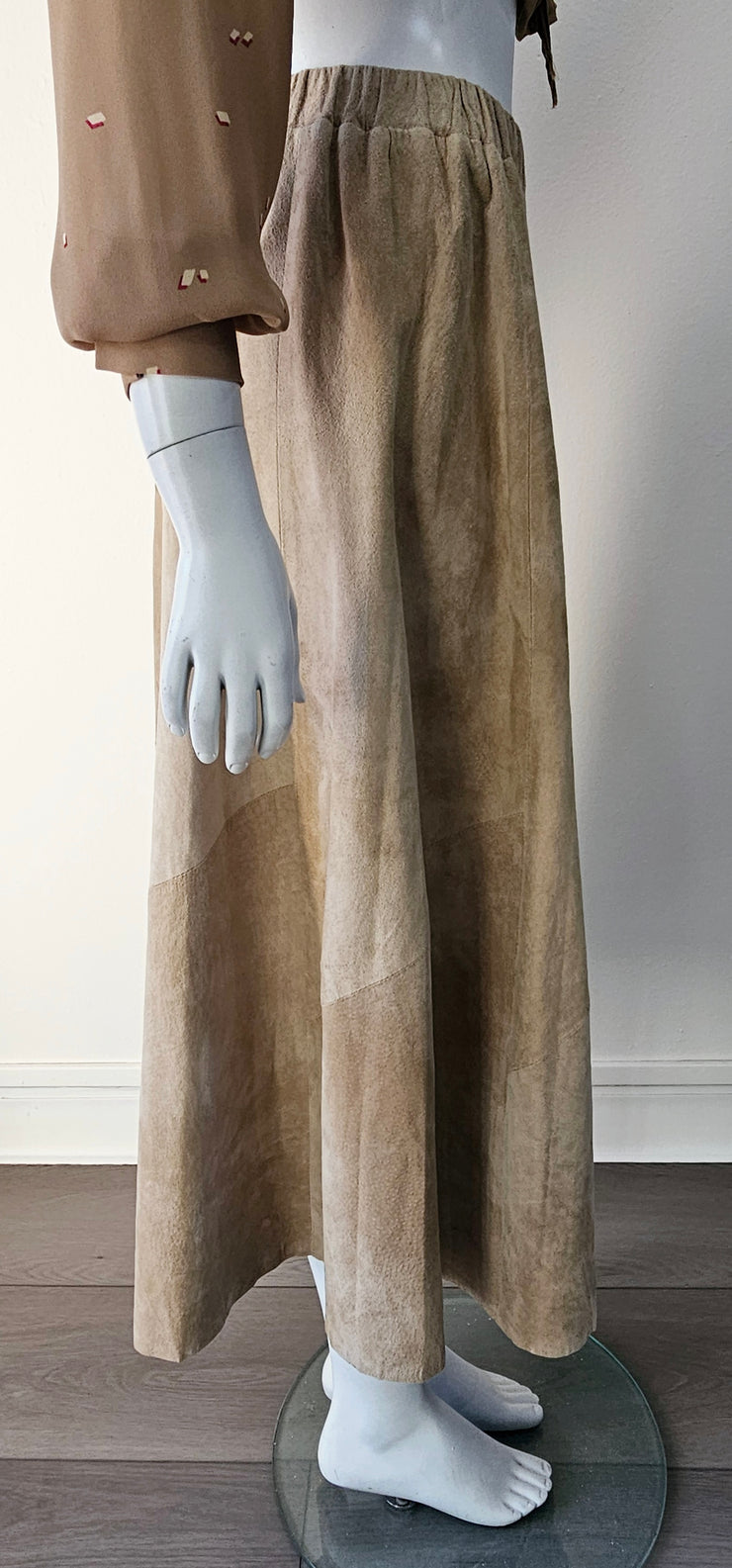 Vintage 80s Nude Suede Faux Wrap Midi Slit Skirt