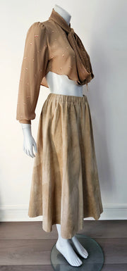 Vintage 80s Nude Suede Faux Wrap Midi Slit Skirt