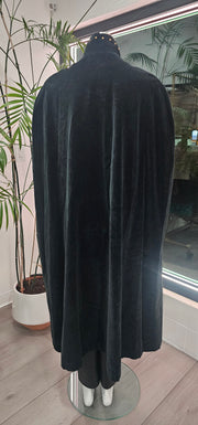 Vintage 80s Black Velvet Gold Stud Opera Cape Duster Trench Coat