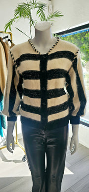 Vintage 80s Angora Metallic Twist Rope Stripe Cardigan Sweater