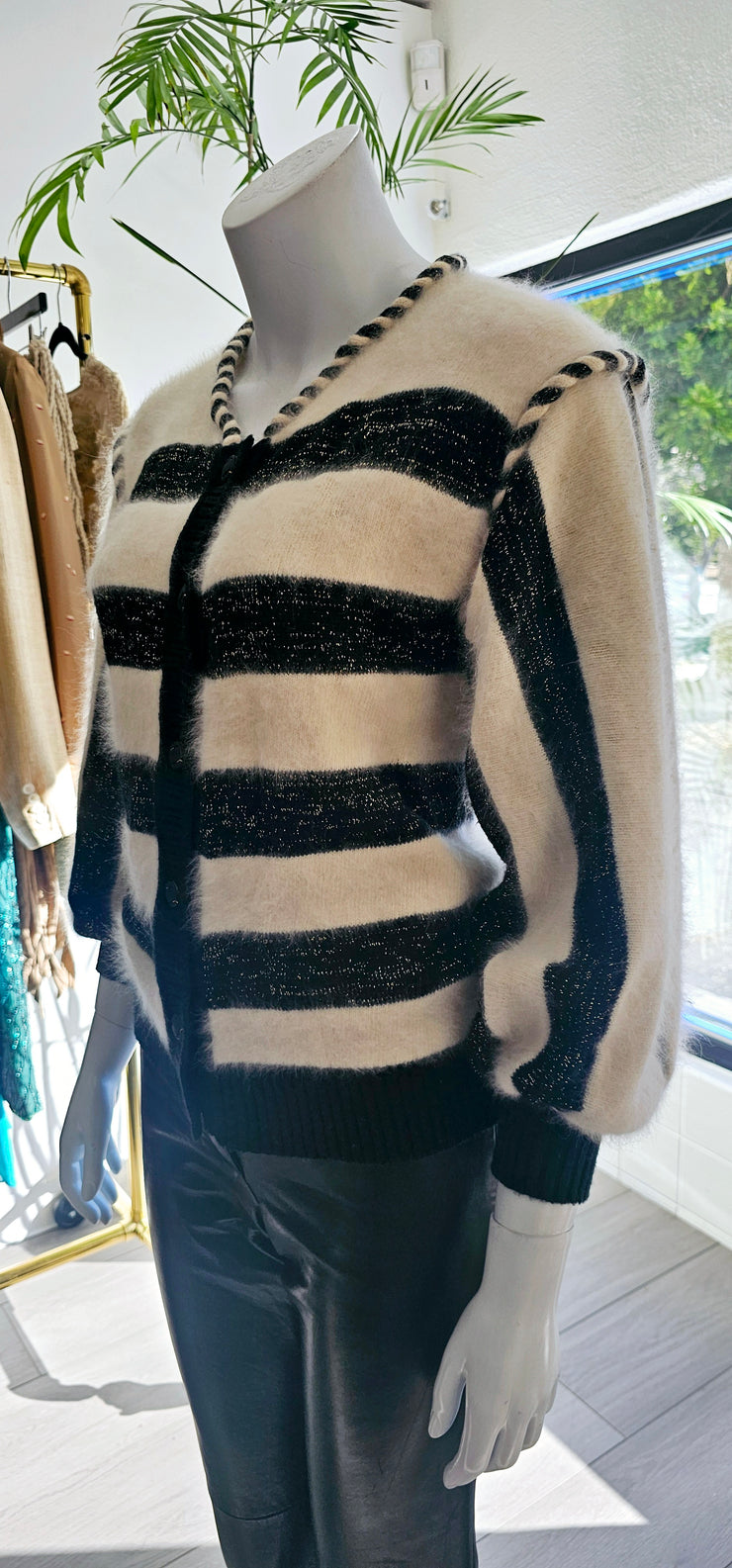 Vintage 80s Angora Metallic Twist Rope Stripe Cardigan Sweater