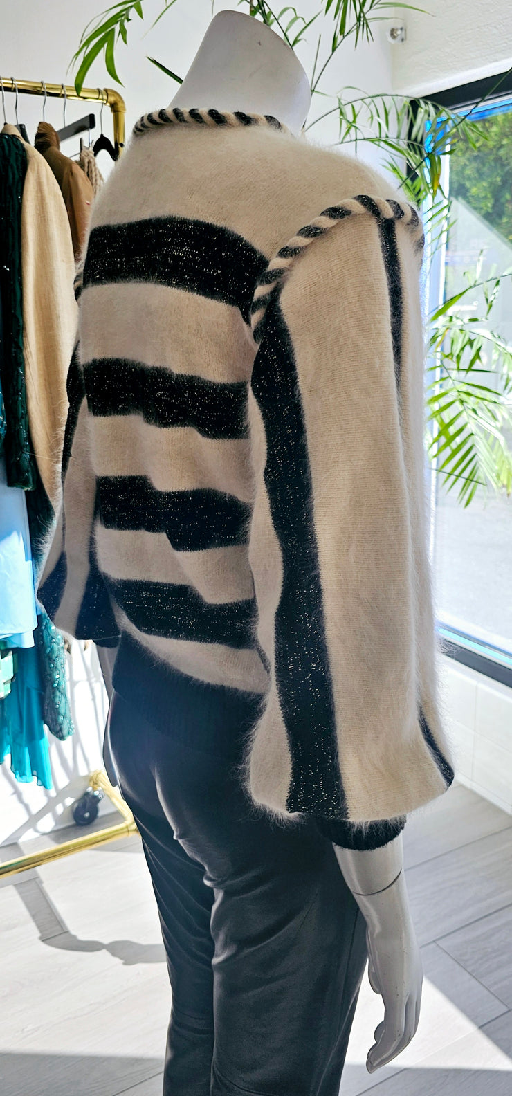 Vintage 80s Angora Metallic Twist Rope Stripe Cardigan Sweater