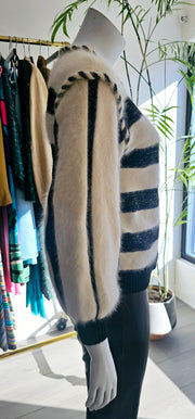 Vintage 80s Angora Metallic Twist Rope Stripe Cardigan Sweater