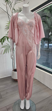 Vtg 70's Rare Pink Lace Harem Jumpsuit Bed Coat Set by Vassarette M