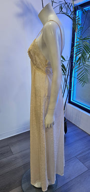 Vintage 70s Cream Jacquard Lace Goddess Peignoir Nightgown Robe Paris NY