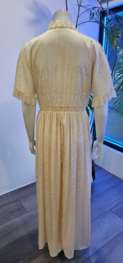 Vintage 70s Cream Jacquard Lace Goddess Peignoir Nightgown Robe Paris NY