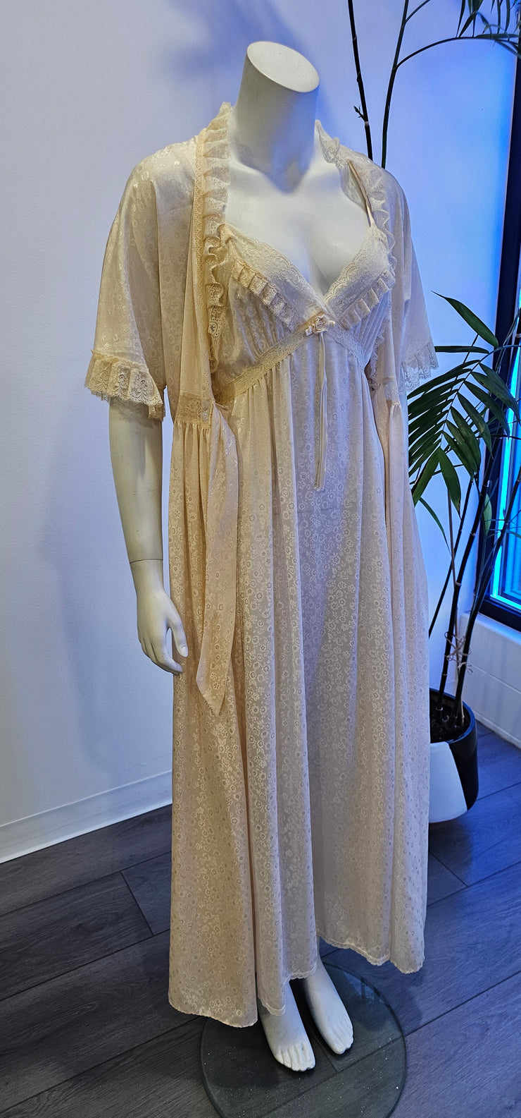 Vintage 70s Cream Jacquard Lace Goddess Peignoir Nightgown Robe Paris NY