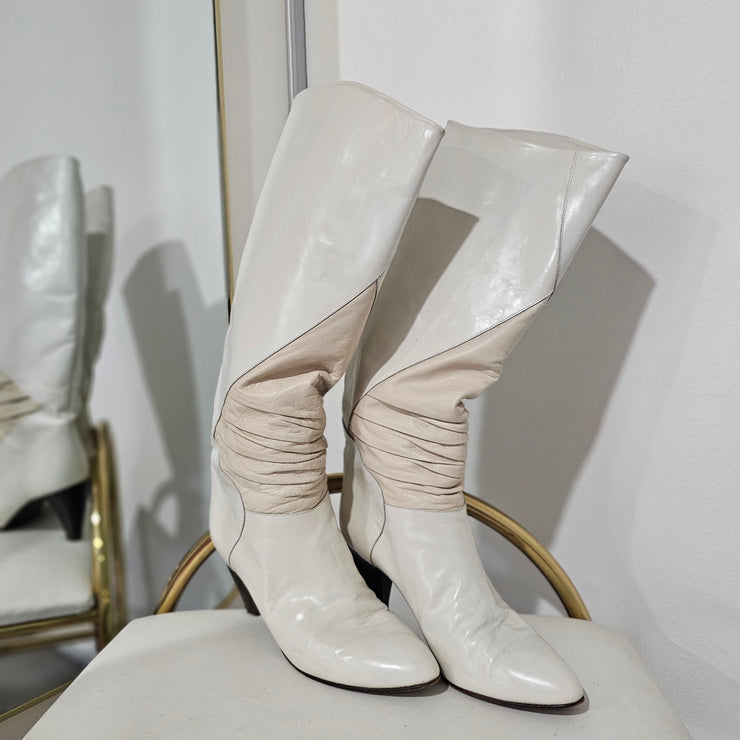 Vintage 80s Off White Ruched Leather Boots Made in Italy 8 1/2