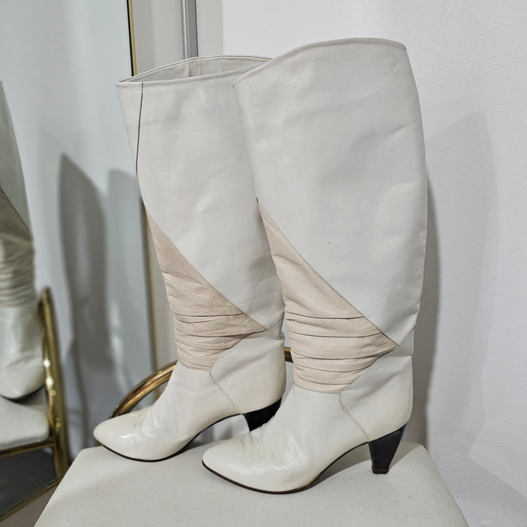 Vintage 80s Off White Ruched Leather Boots Made in Italy 8 1/2