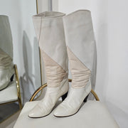 Vintage 80s Off White Ruched Leather Boots Made in Italy 8 1/2