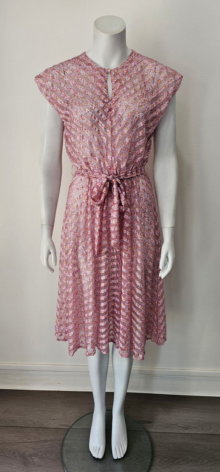 Vintage 70s Chevron Shadow Stripe Ditsy Floral Sheer Midi Dress