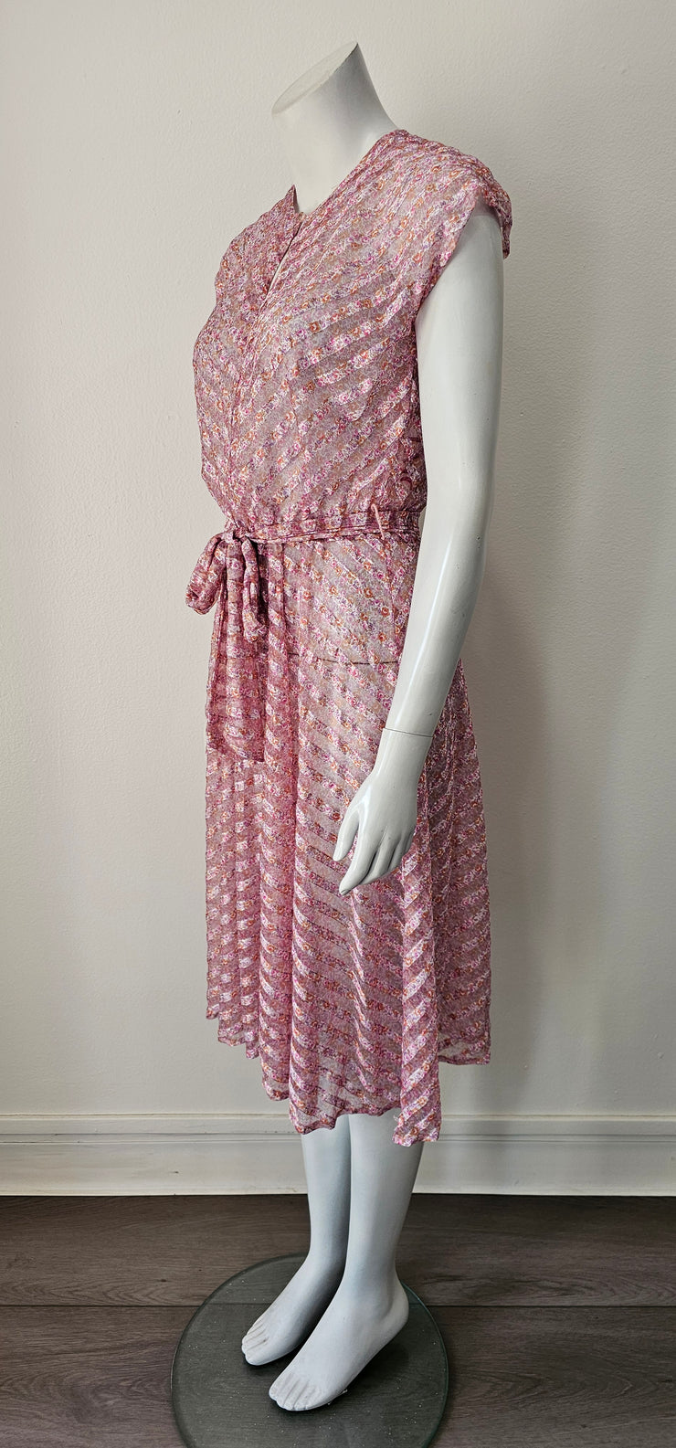 Vintage 70s Chevron Shadow Stripe Ditsy Floral Sheer Midi Dress