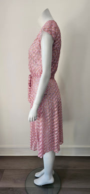 Vintage 70s Chevron Shadow Stripe Ditsy Floral Sheer Midi Dress