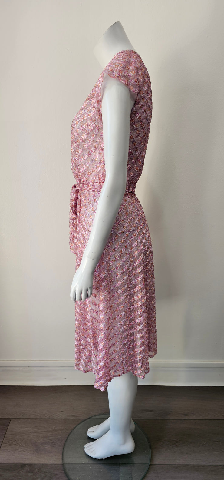 Vintage 70s Chevron Shadow Stripe Ditsy Floral Sheer Midi Dress