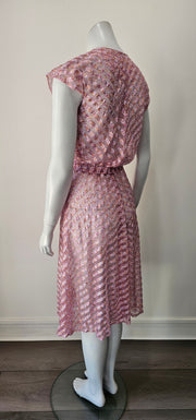Vintage 70s Chevron Shadow Stripe Ditsy Floral Sheer Midi Dress