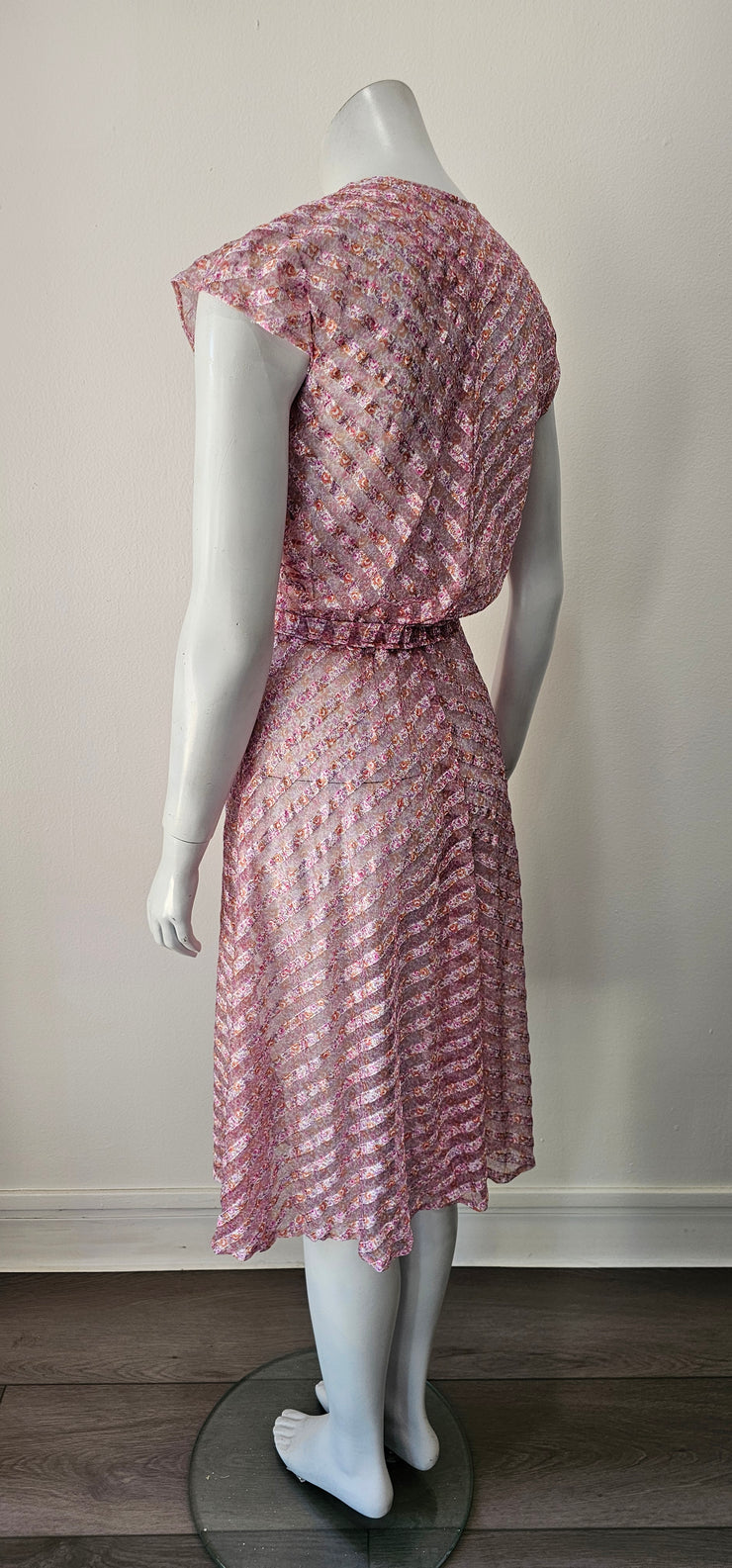 Vintage 70s Chevron Shadow Stripe Ditsy Floral Sheer Midi Dress