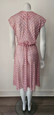 Vintage 70s Chevron Shadow Stripe Ditsy Floral Sheer Midi Dress