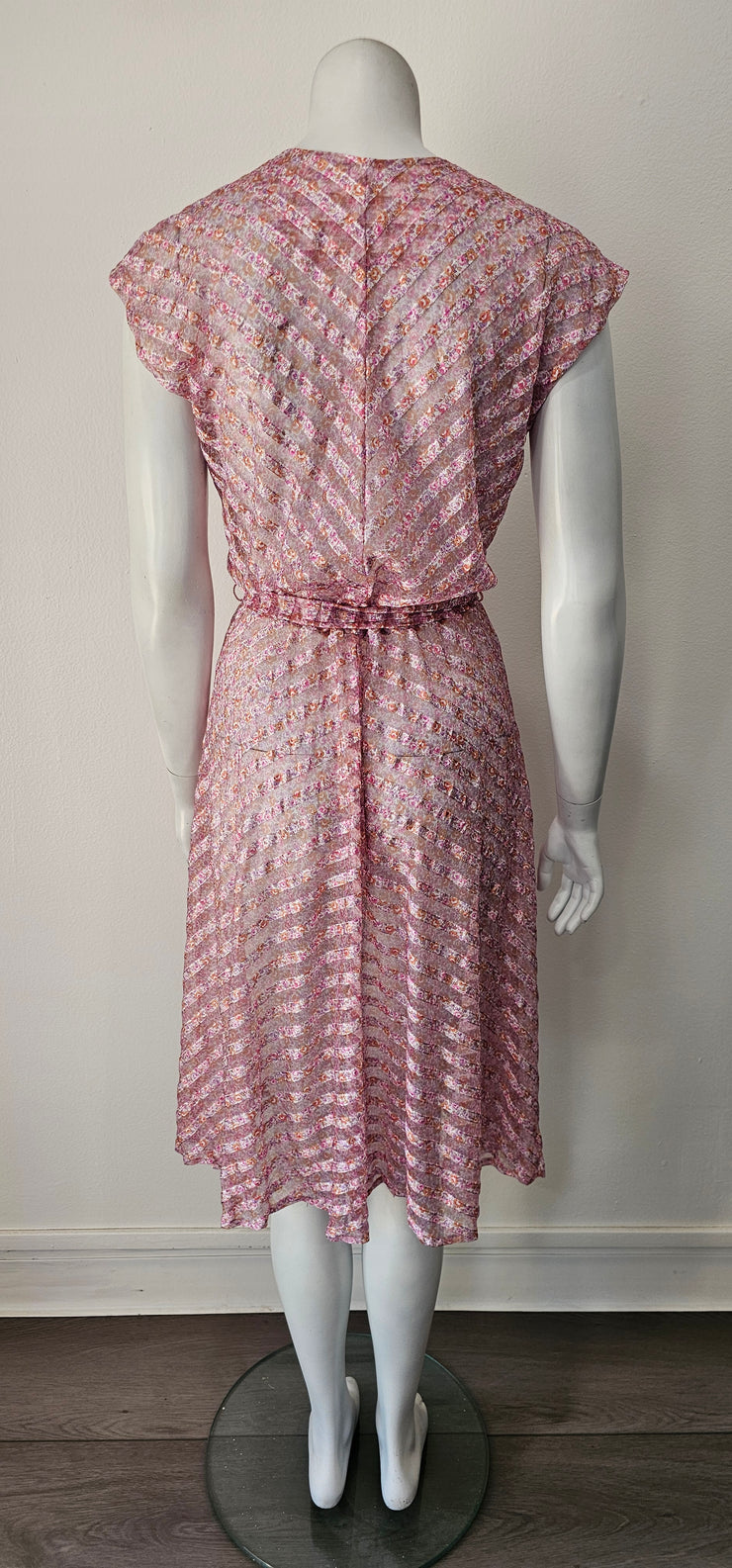 Vintage 70s Chevron Shadow Stripe Ditsy Floral Sheer Midi Dress