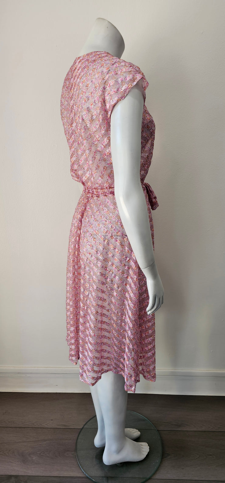 Vintage 70s Chevron Shadow Stripe Ditsy Floral Sheer Midi Dress