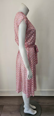 Vintage 70s Chevron Shadow Stripe Ditsy Floral Sheer Midi Dress