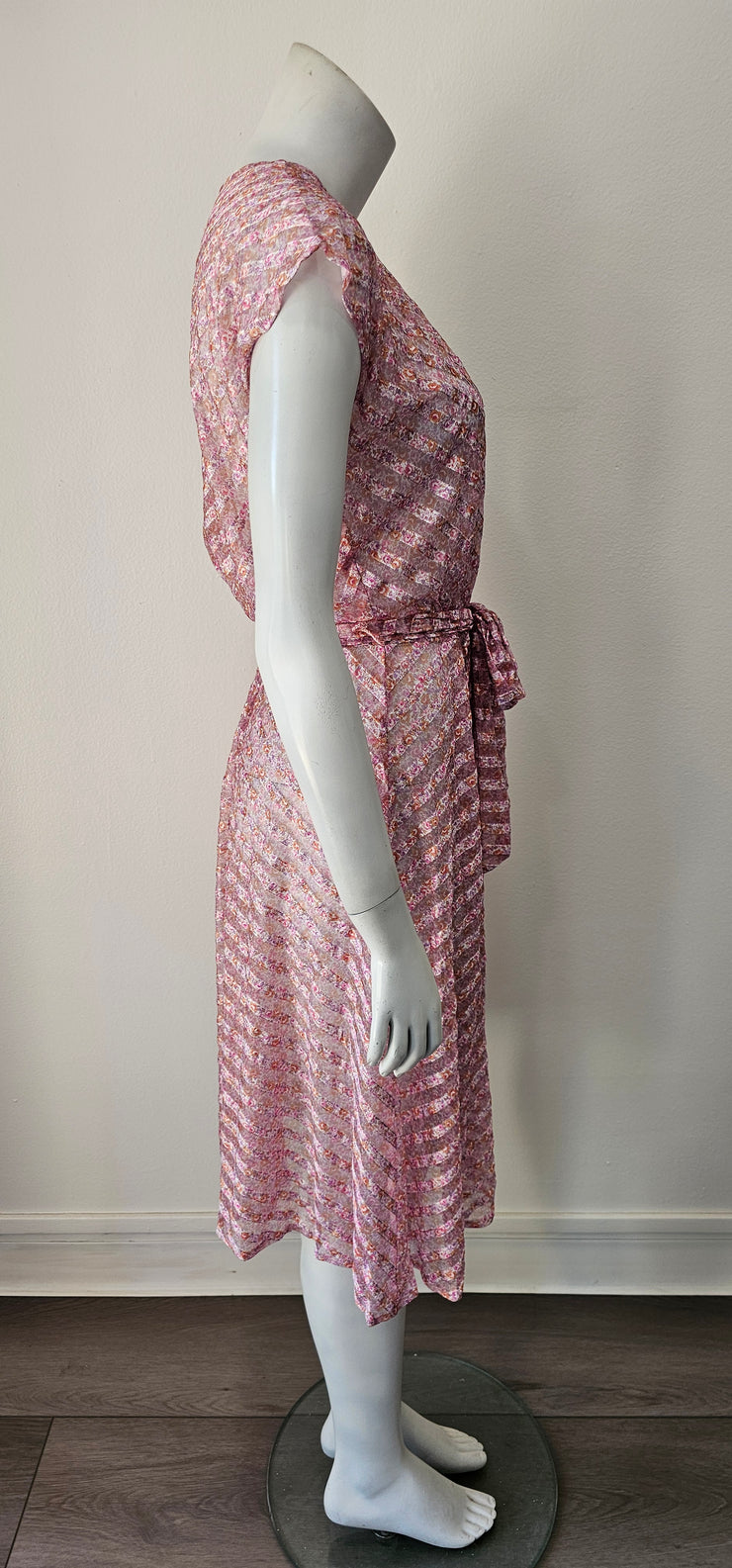 Vintage 70s Chevron Shadow Stripe Ditsy Floral Sheer Midi Dress