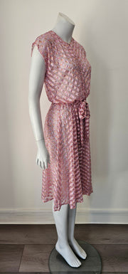 Vintage 70s Chevron Shadow Stripe Ditsy Floral Sheer Midi Dress