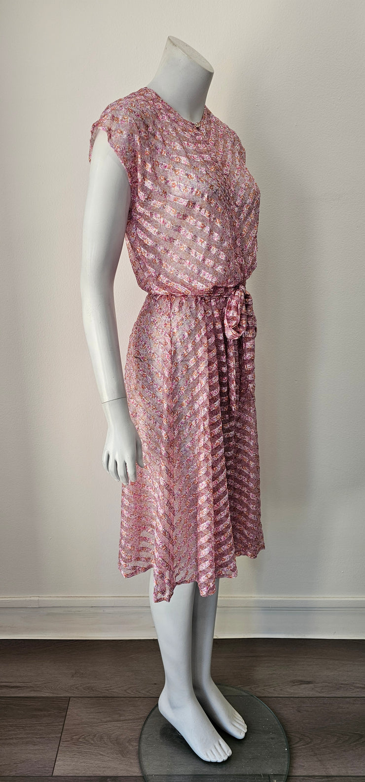 Vintage 70s Chevron Shadow Stripe Ditsy Floral Sheer Midi Dress