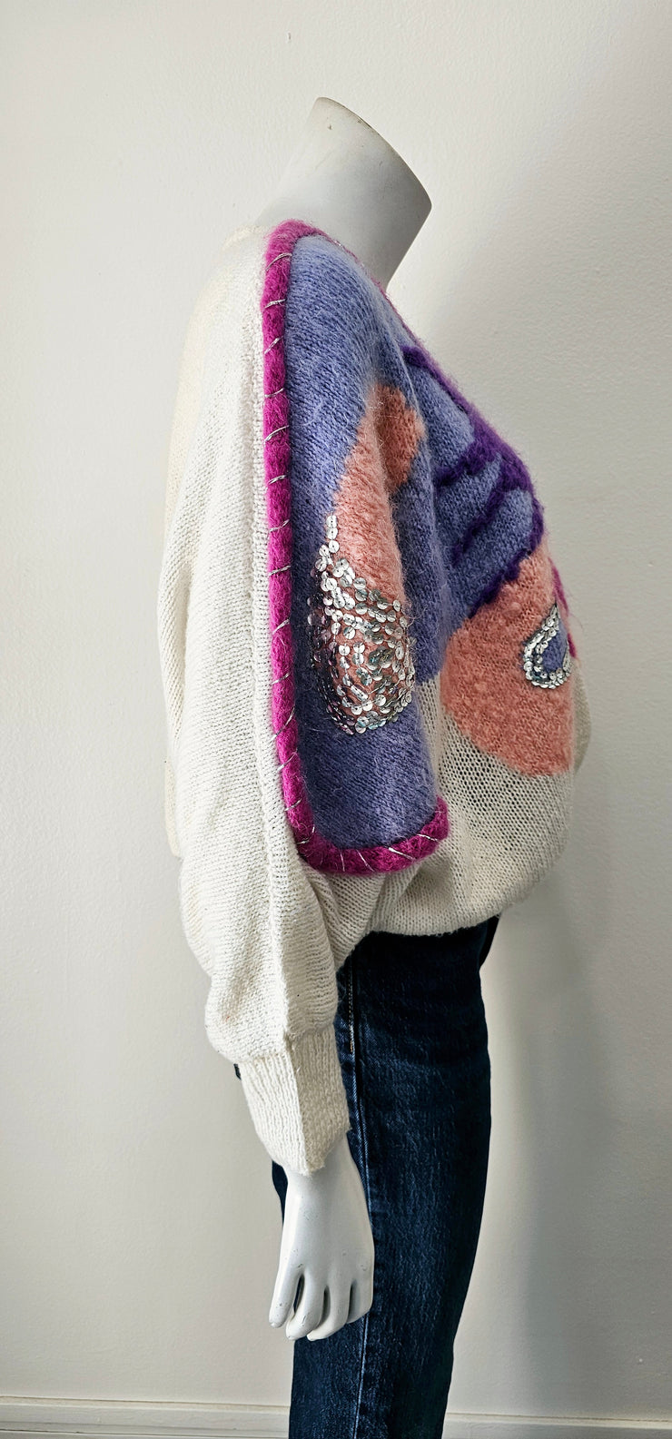 Vintage 80s Angora Dolman Sleeve Butterfly Silver Lurex Sequin Sweater