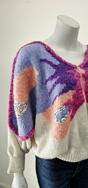 Vintage 80s Angora Dolman Sleeve Butterfly Silver Lurex Sequin Sweater