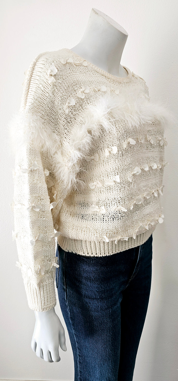 Vintage 80s Mini Bows Dolman Sleeve Boa Feather Sweater