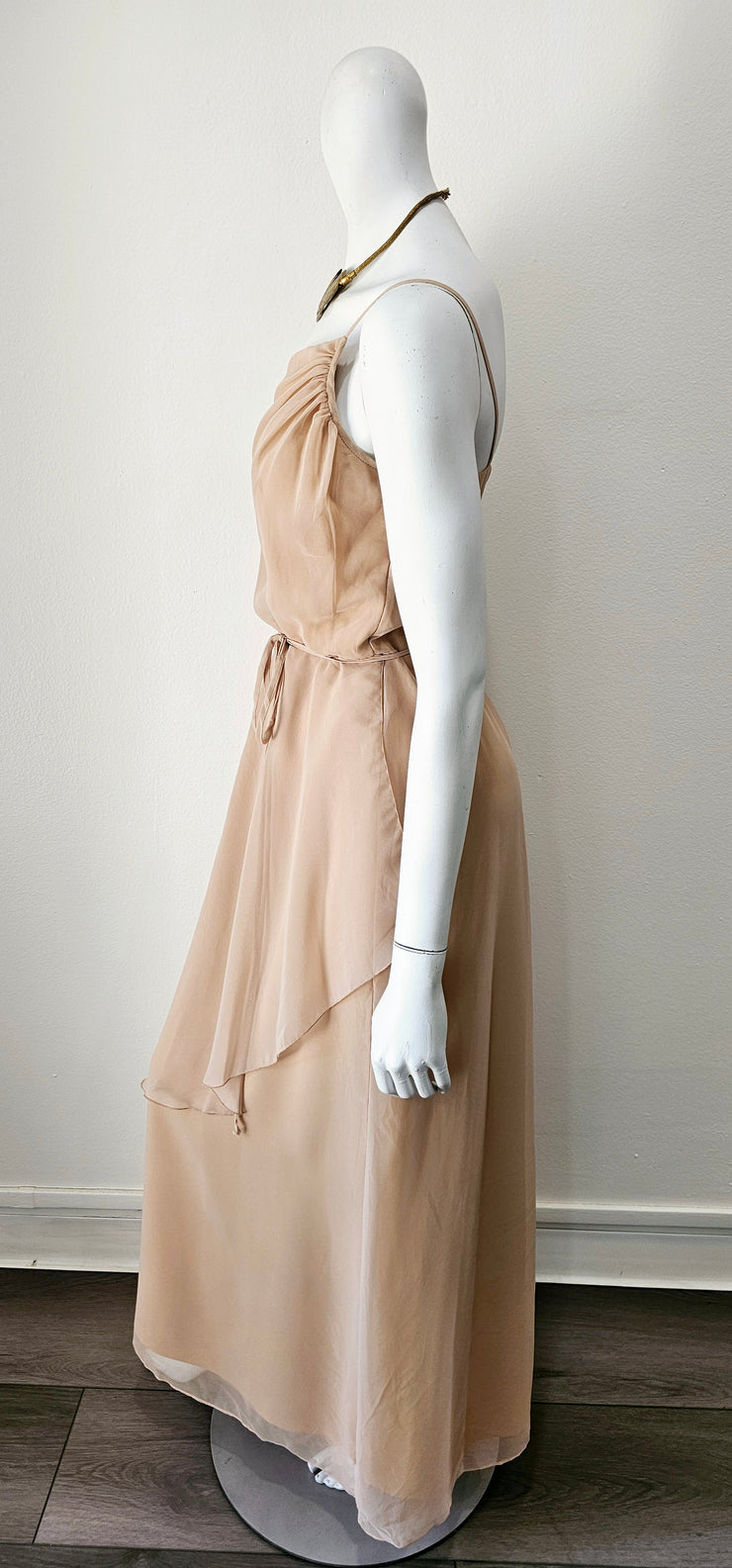 Vintage 70s Nude Asymmetric Chiffon Maxi Gown by House of Bianchi