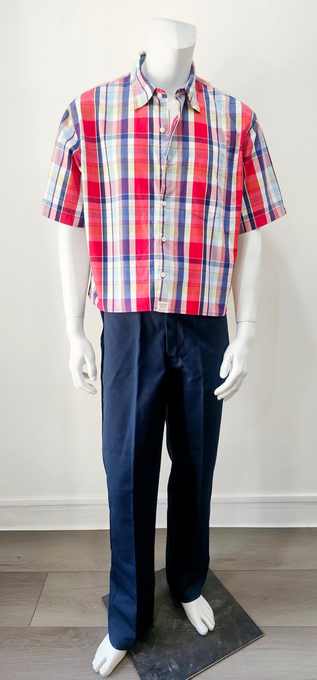 Chemise Homme Izod Manches Courtes - Plaid Rouge Blanc Bleu - Taille M - Bon état