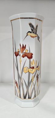 Vintage Mid Century Hummingbird Orchid 24K Gold Diamond Design Porcelain Vase