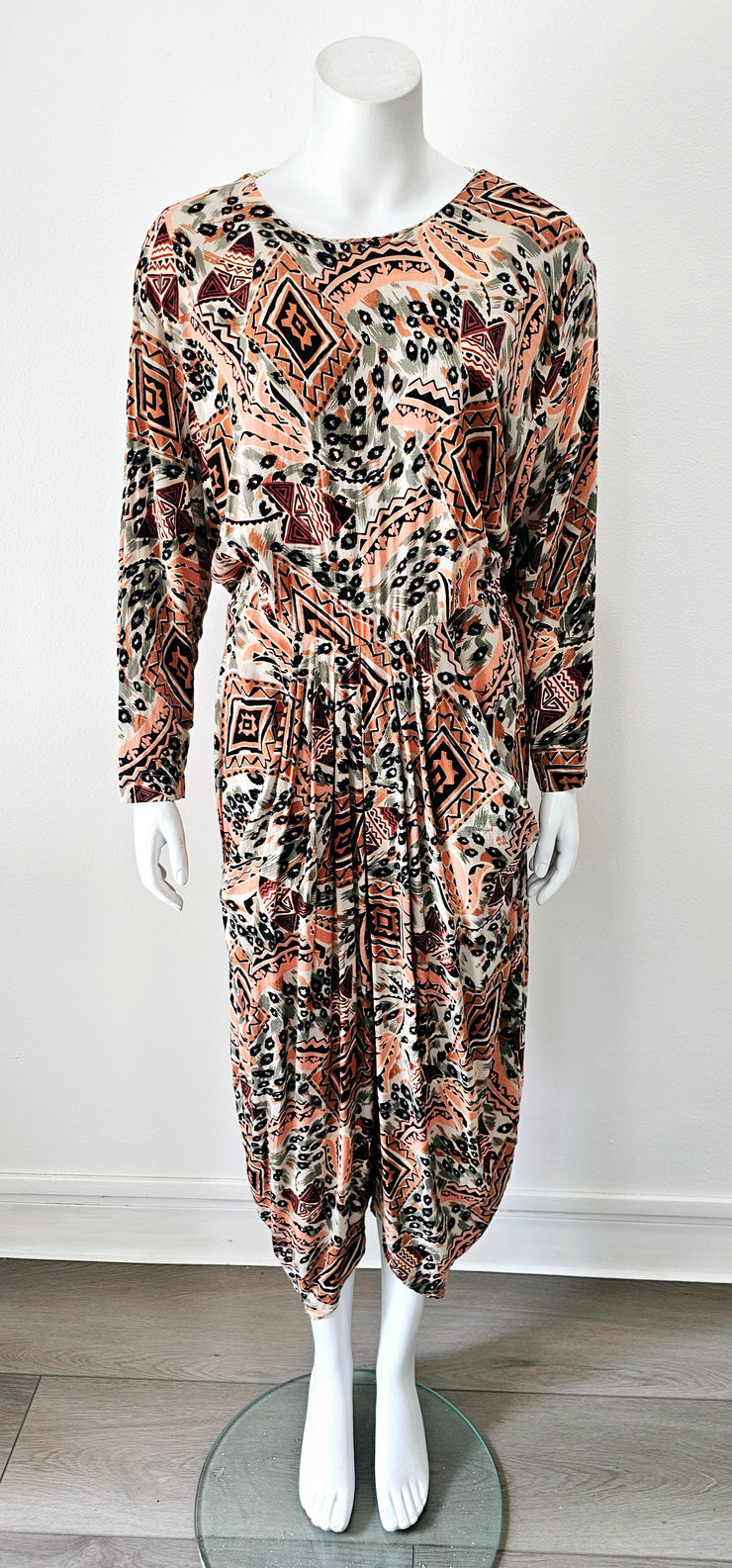 Vintage 80s Abstract Plunging Back V Harem Romper Jumpsuit