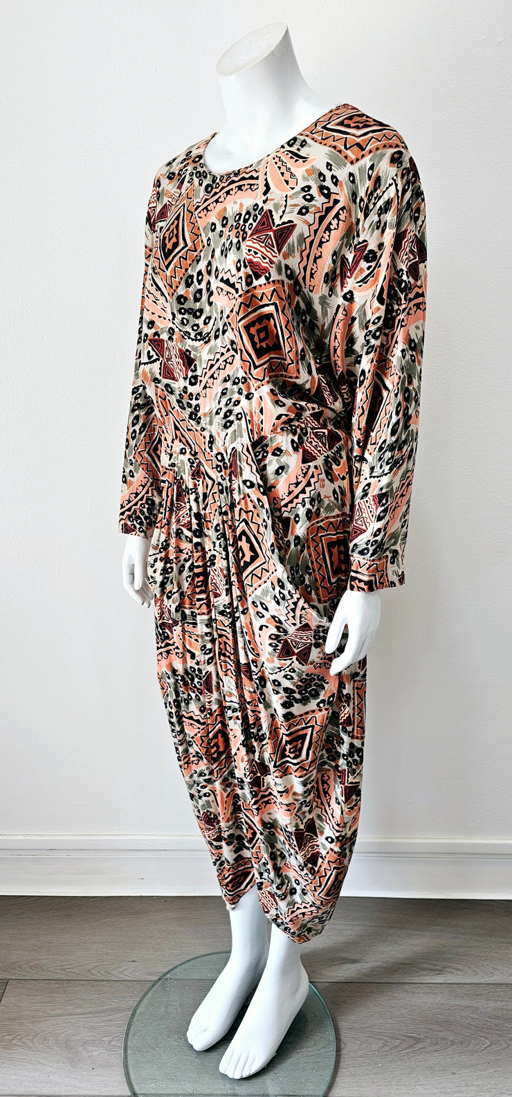 Vintage 80s Abstract Plunging Back V Harem Romper Jumpsuit