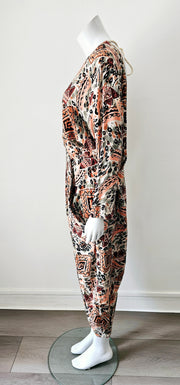 Vintage 80s Abstract Plunging Back V Harem Romper Jumpsuit