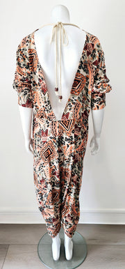 Vintage 80s Abstract Plunging Back V Harem Romper Jumpsuit
