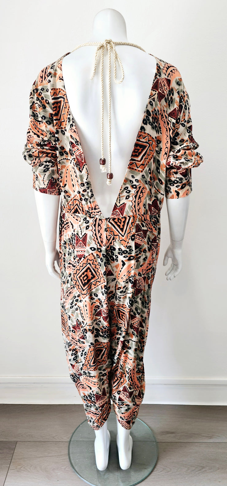Vintage 80s Abstract Plunging Back V Harem Romper Jumpsuit