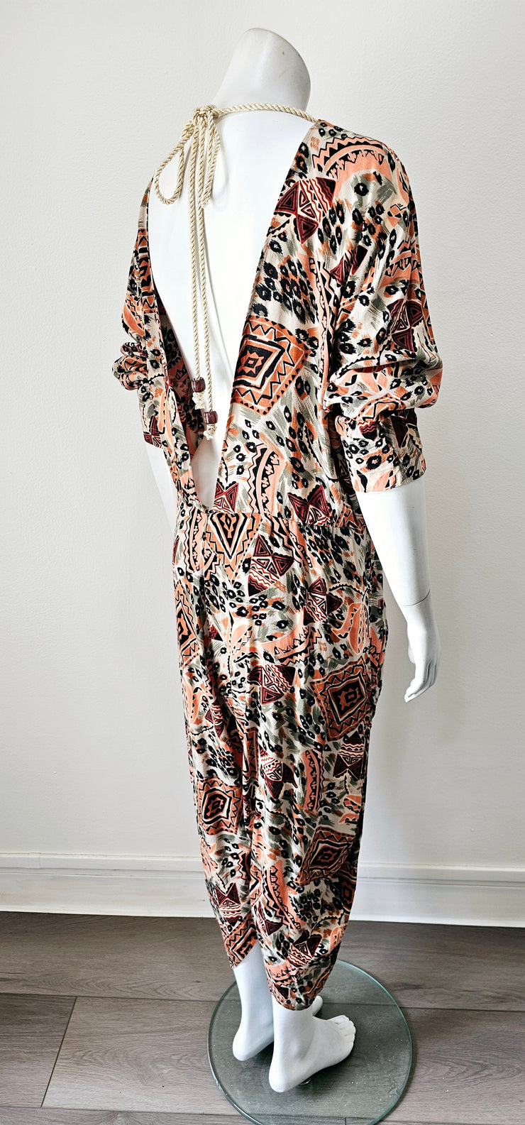 Vintage 80s Abstract Plunging Back V Harem Romper Jumpsuit