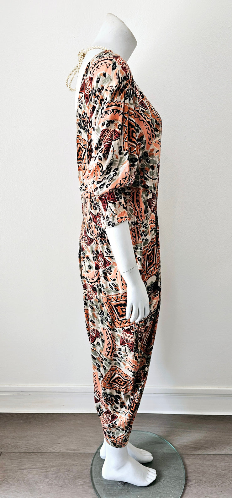 Vintage 80s Abstract Plunging Back V Harem Romper Jumpsuit